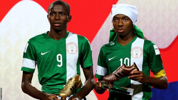 Victor Osimhen and Kelechi Nwakali with awards at the Under-17 World Cup in 2015
