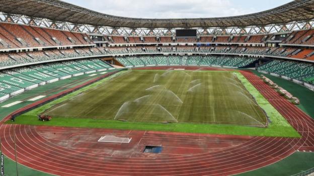 The pitch at the Alassane Ouattara football stadium in Ebimpe, Ivory Coast on September 14, 2023