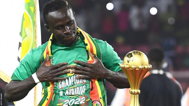 Sadio Mane reacts after winning the Africa Cup of Nations with Senegal in Cameroon in February 2022