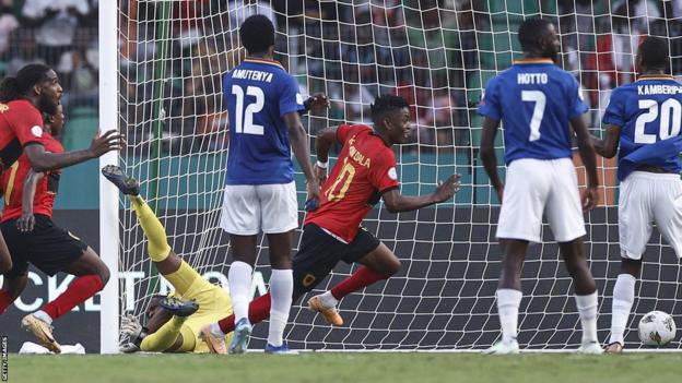 Gelson Dala peels away in celebration after scoring for Angola against Namibia at the 2023 Africa Cup of Nations